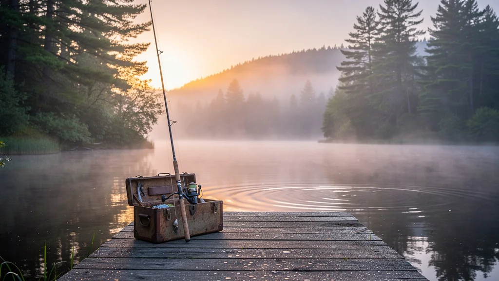 Paysage hyper-réaliste lac calme au matin pour forum chasse pêche naturel et paisible