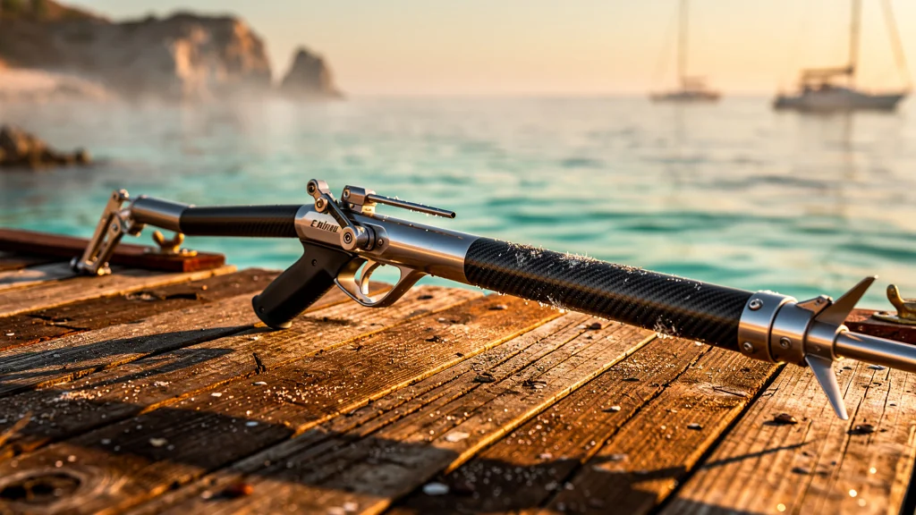 Fusil harpon en gros plan sur un quai en bois au coucher de soleil, ambiance marine réaliste et détaillée