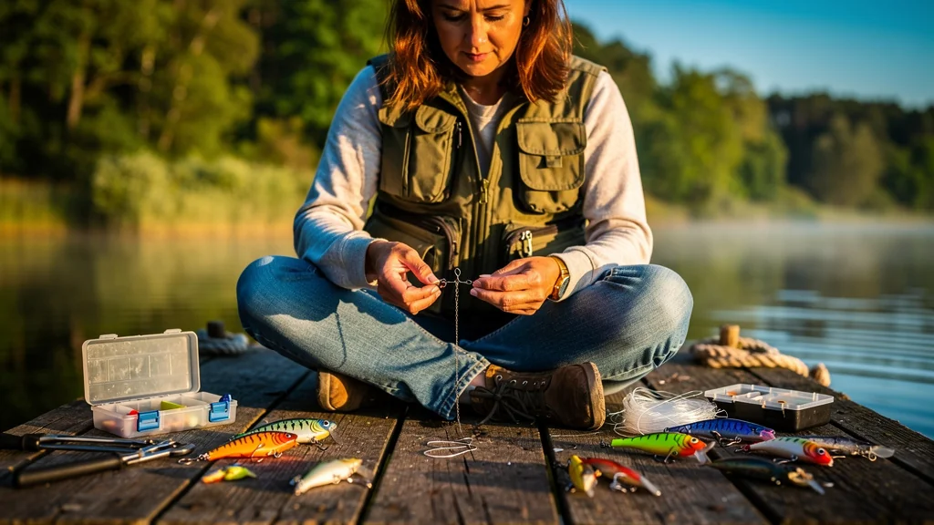 Femme assemblant un bas de ligne acier pour pêche carnassier au bord d’un lac au lever du jour
