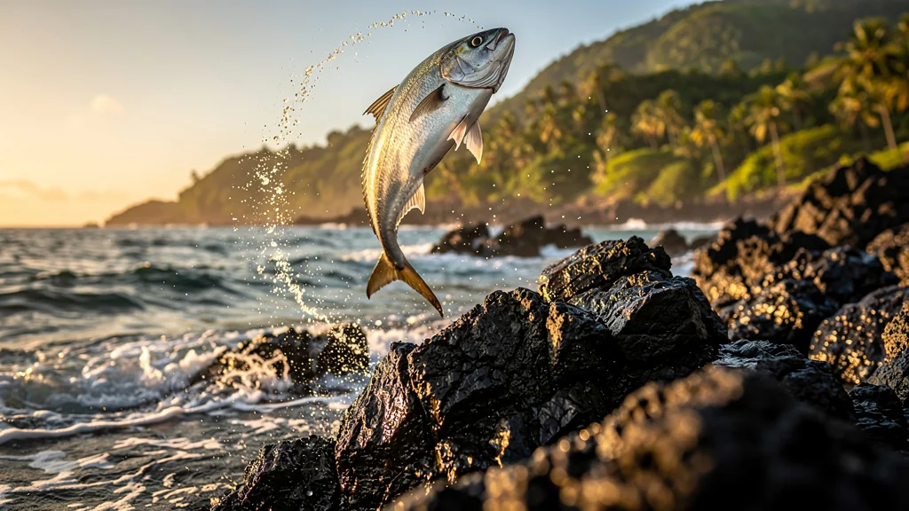 Carangue échappée près des rochers au Prêcheur, scène nautique en bord de mer au coucher du soleil