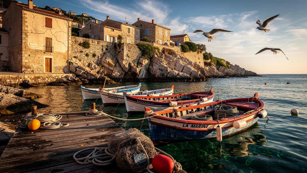 Vue réaliste de la marine des Goudes avec bateaux, maisons en pierre et mer turquoise au coucher du soleil