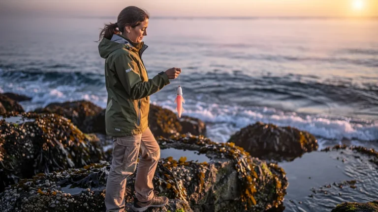 Femme pêchant la seiche à la turlutte au bord, scène côtière au lever du soleil en automne