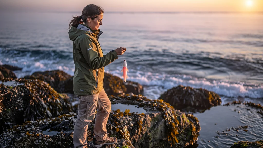 Femme pêchant la seiche à la turlutte au bord, scène côtière au lever du soleil en automne