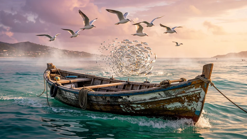 Lever de soleil sur Le Vauclin avec un bateau de pêche et des oiseaux guidant vers les poissons