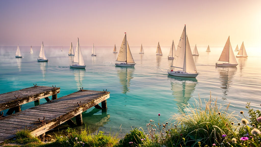 Photo réaliste de petites voiles sur mer calme au lever du soleil, ambiance nautique paisible et détaillée
