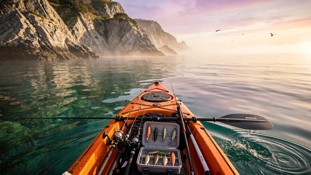 Première sortie en kayak de pêche le long de la côte, ambiance entre trac et calme au lever du jour