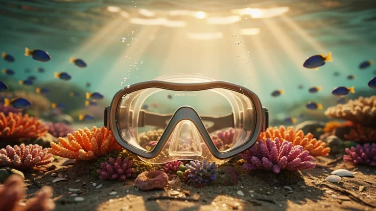 Masque de snorkeling posé sur un récif corallien coloré sous l'eau, lumière naturelle et détails ultra-réalistes