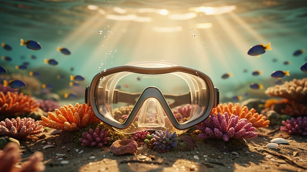 Masque de snorkeling posé sur un récif corallien coloré sous l'eau, lumière naturelle et détails ultra-réalistes