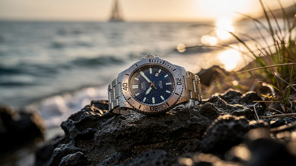 Montre plongee ultra-réaliste posée sur rocher humide au bord d’une mer limpide au coucher du soleil