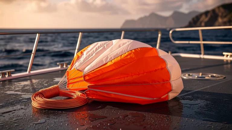 Parachute de plongée soigneusement préparé sur un bateau, illustrant autonomie et efficacité après 10 plongées