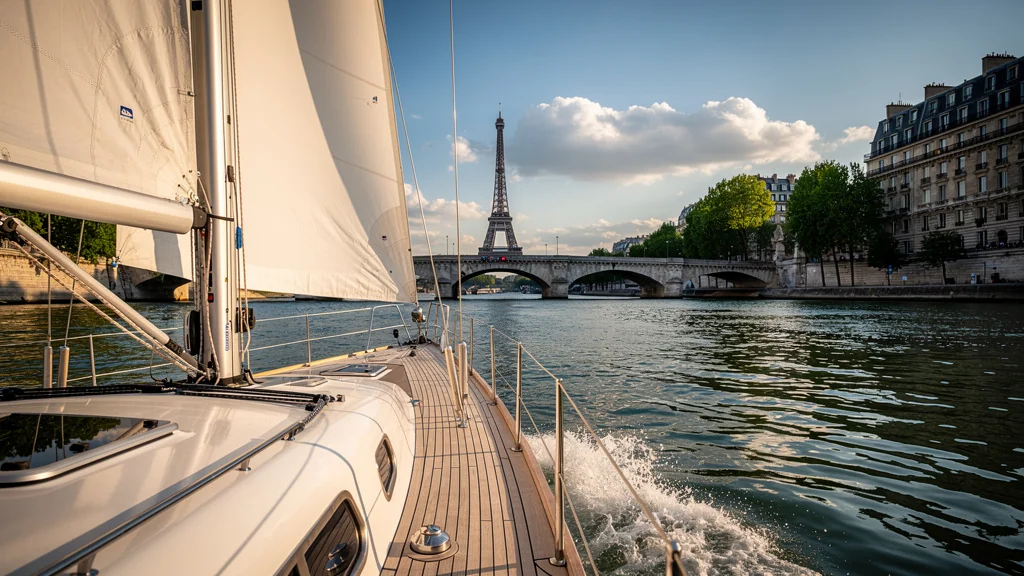 Sailboat on the Seine in Paris under golden light, highlighting the city’s sailing atmosphere and iconic landmarks