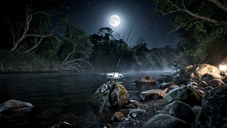 Pêche de nuit du bord pour gros carnassiers au clair de lune sur rivière calme
