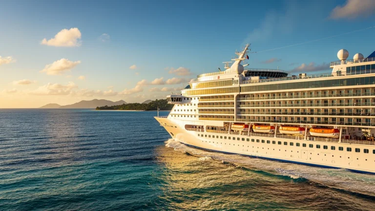 Photographie réaliste d’un paquebot de croisière luxueux naviguant sur une mer calme sous un ciel bleu éclatant