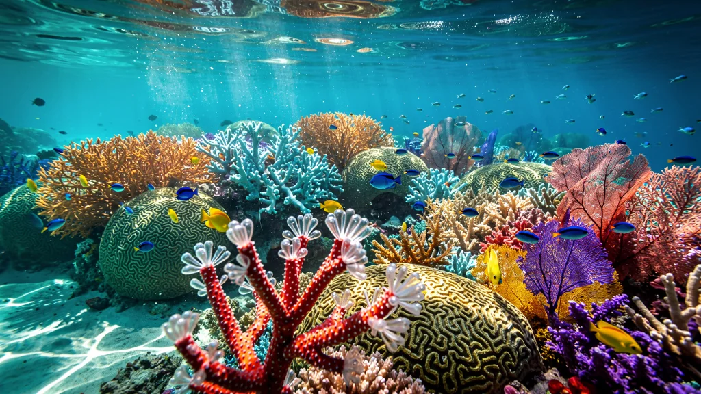 Photo hyper-réaliste d’un récif de corail vibrant après six mois d’évolution marine sous-marine