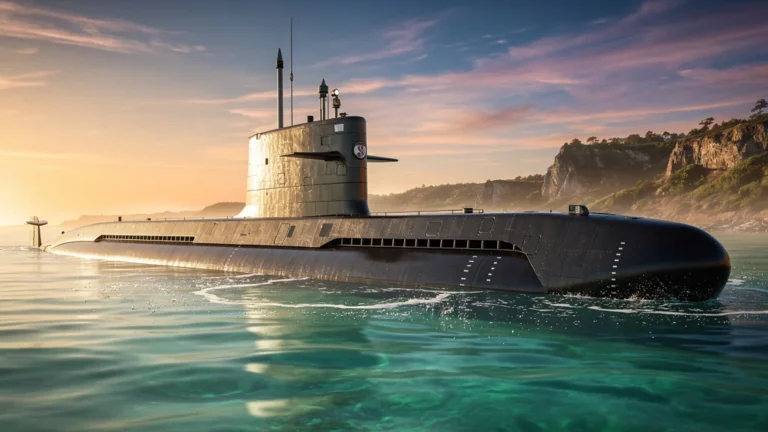 Sous-marin moderne partiellement en surface dans une mer calme au coucher du soleil, photo hyper-réaliste