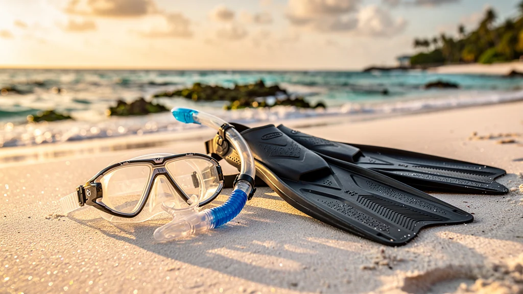 Tuba plongée posé sur sable blanc au bord d’une eau turquoise limpide, équipement de snorkeling moderne